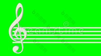 音乐动画用高音谱线摆动在乐谱上，音符被显示出来，动画音乐在绿色屏幕上播放